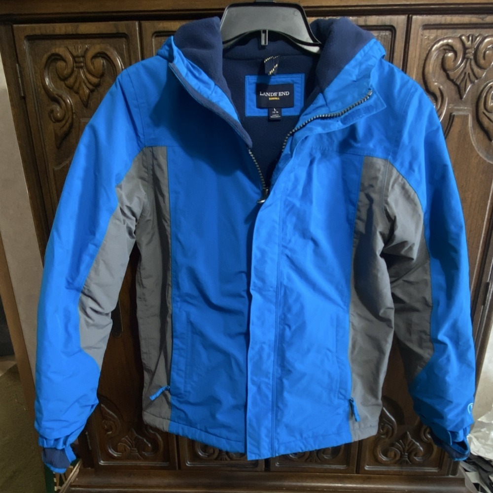 Lands' End Squall Waterproof Windproof Jacket Blue Gray Kids L 14-16